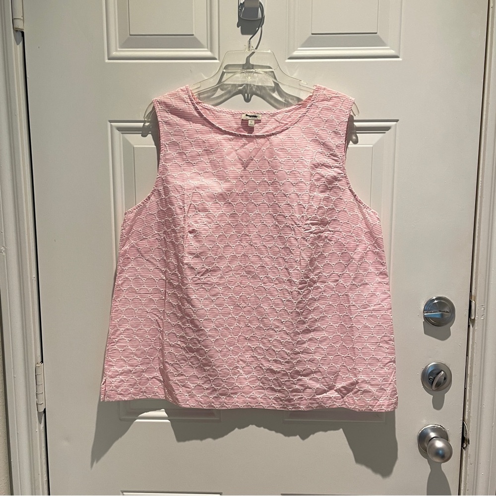 Talbots Plus Pink White Seersucker Sleeveless Top Size 1X Embroidered Cotton